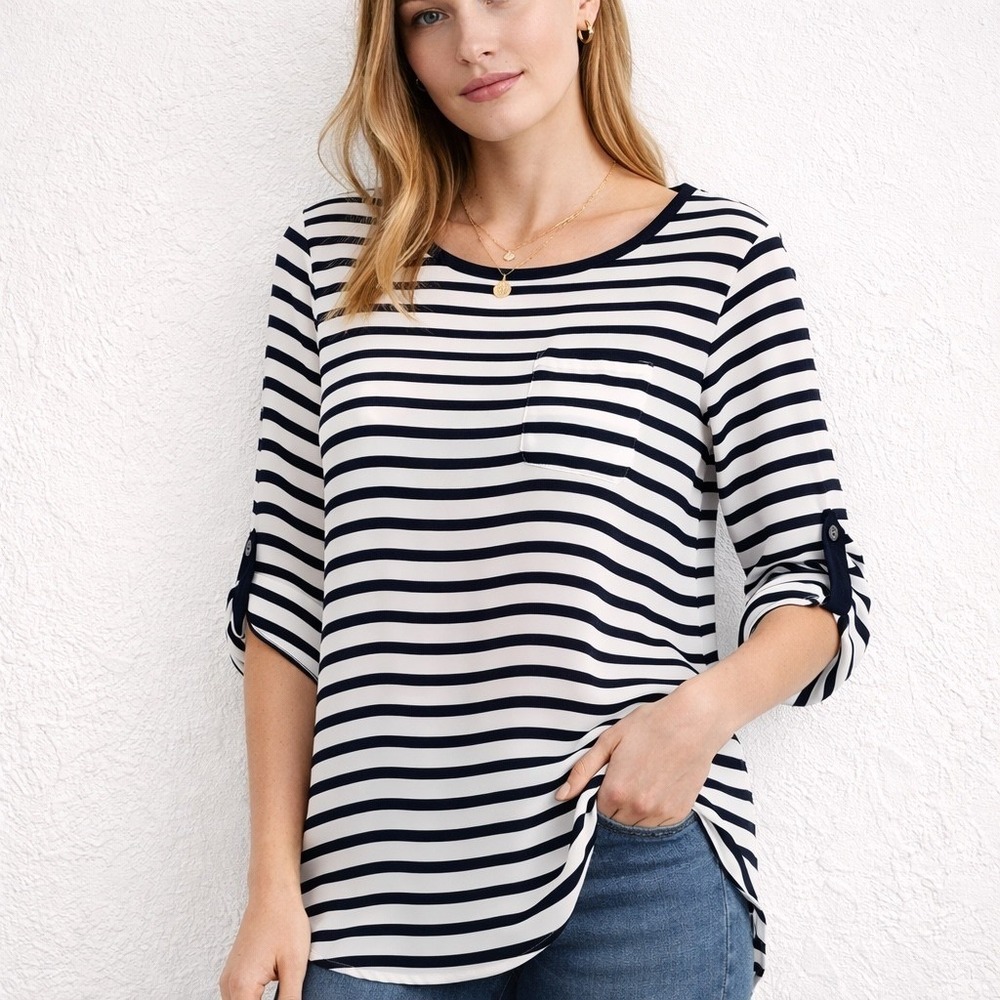 NWT LOFT Striped Roll Tab Sleeve Blouse Nautical Blue White Shirttail Hem Medium